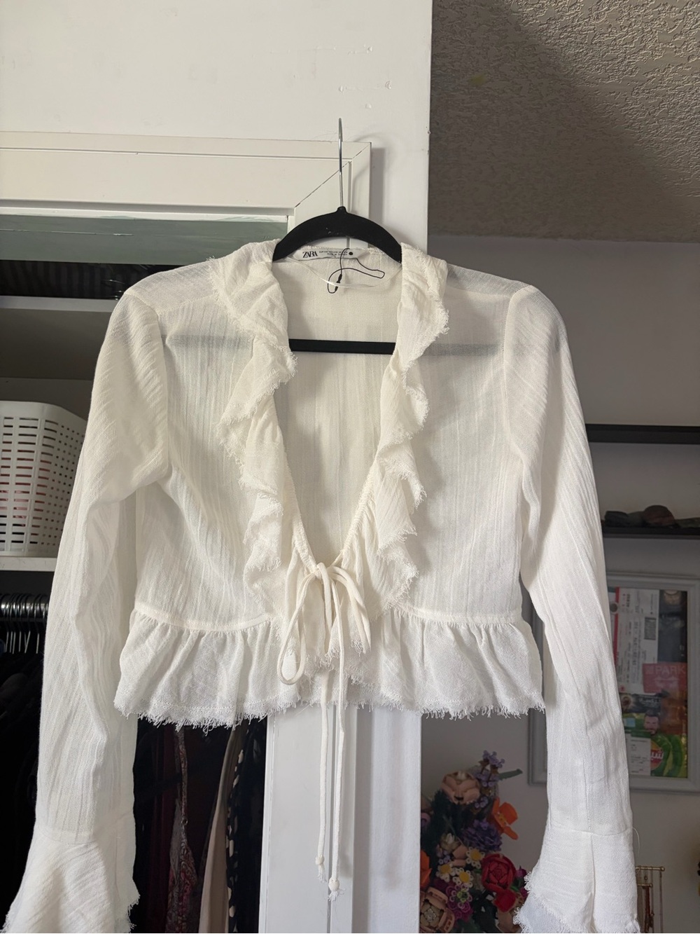 Zara White Ruffled Tie-Front Peplum Blouse